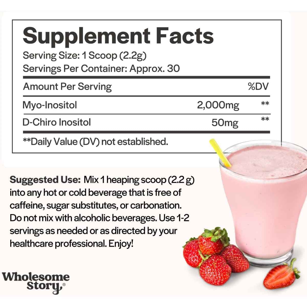 Tabla nutricional del suplemento Wholesome Story Myo & D-Chiro Inositol 2.050 mg 66 g Polvo