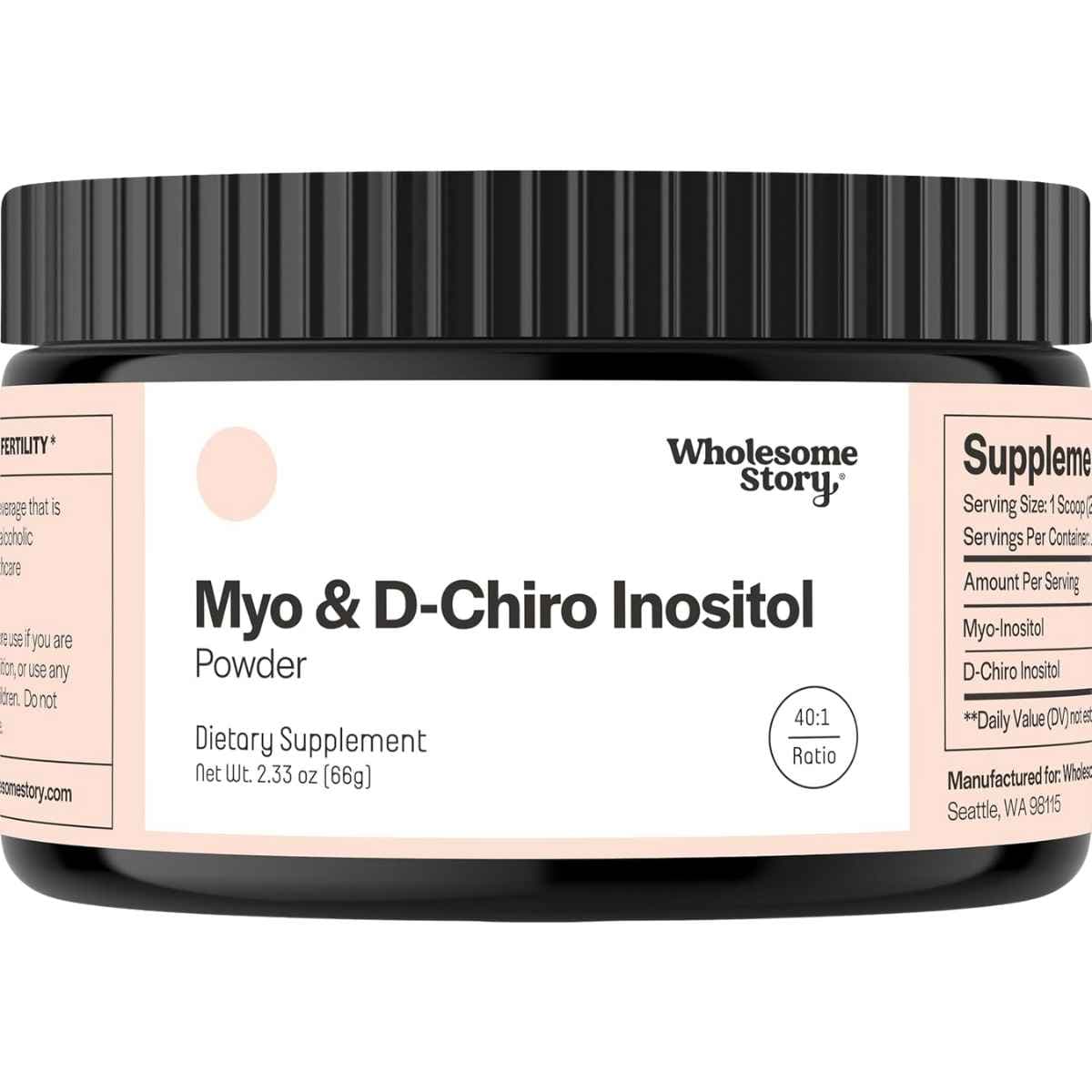 Frasco de suplemento Wholesome Story Myo & D-Chiro Inositol 2.050 mg 66 g Polvo