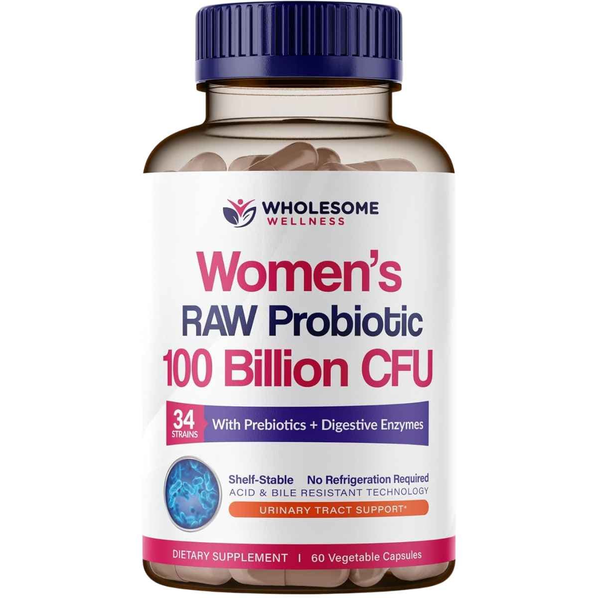 Frasco de suplemento Wholesome Wellness Probióticos para Mujer 100 Billion CFU 60 cápsulas