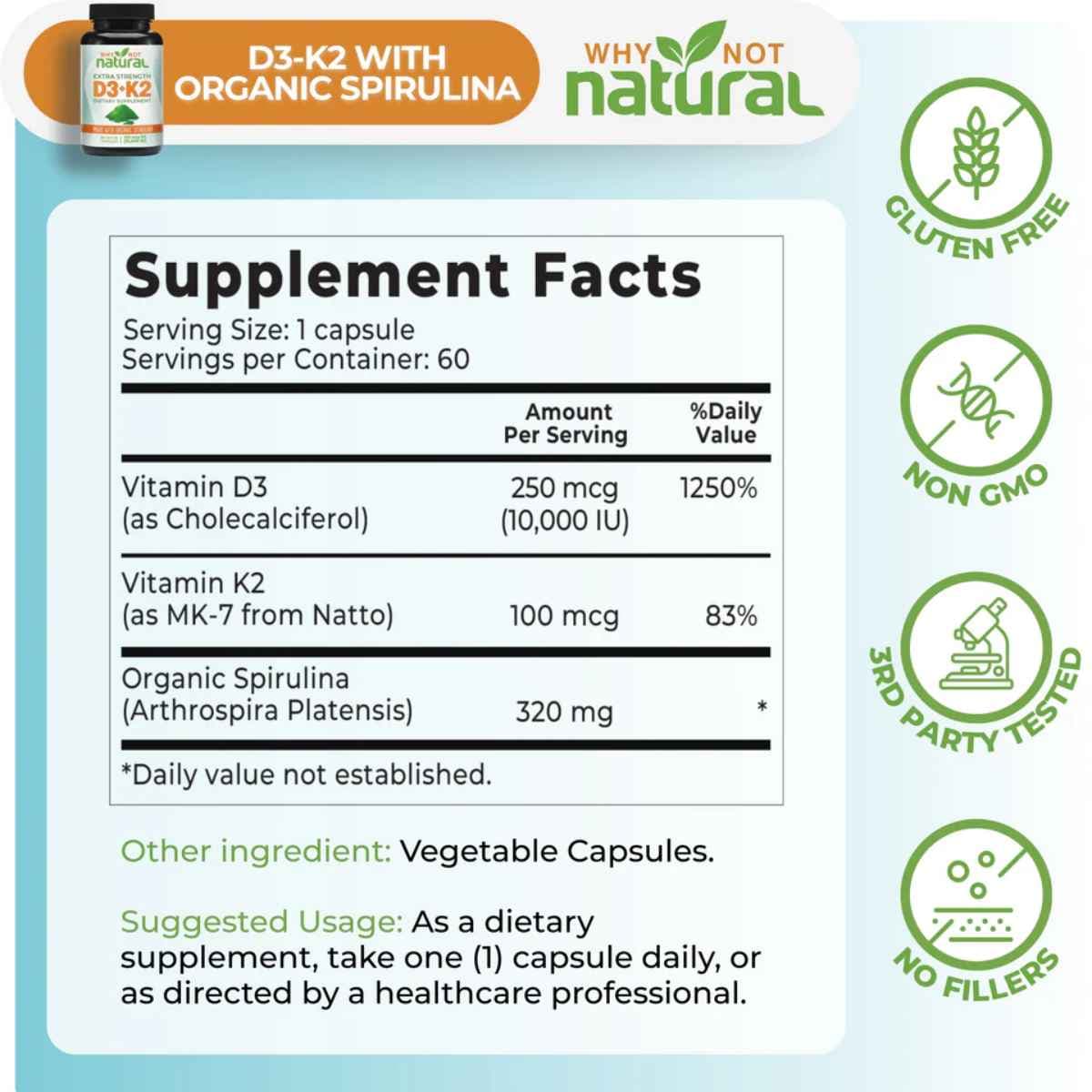 Tabla nutricional del suplemento Why Not Natural Vitamina D3 y K2 60 cápsulas