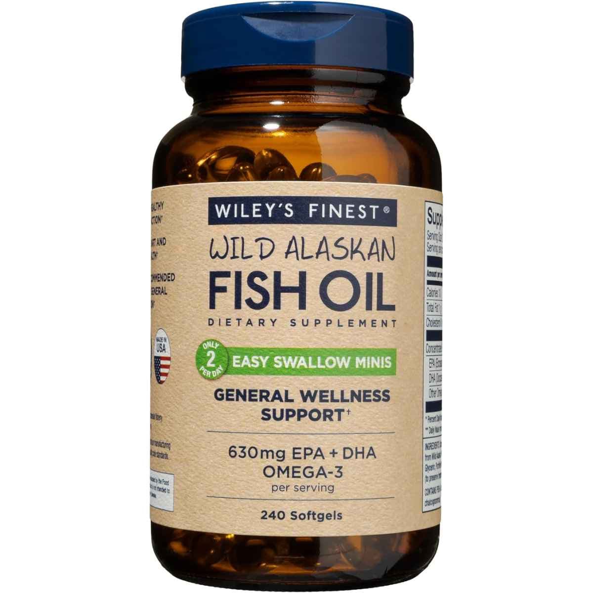 Frasco frontal de Wileys Finest aceite de pescado Omega 3, presentación de 240 mini cápsulas blandas.