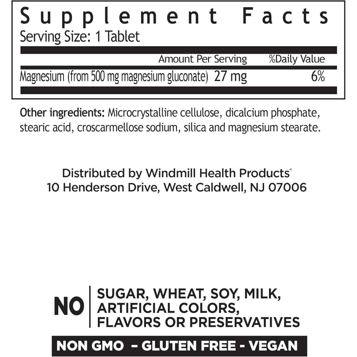 Tabla nutricional del suplemento Windmill Gluconato de Magnesio 500 mg 90 tabletas