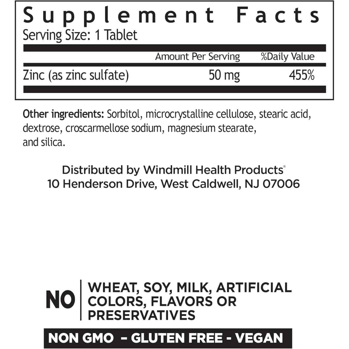 Tabla nutricional del suplemento Windmill Natural Vitamins Sulfato de Zinc 50 mg 90 tabletas