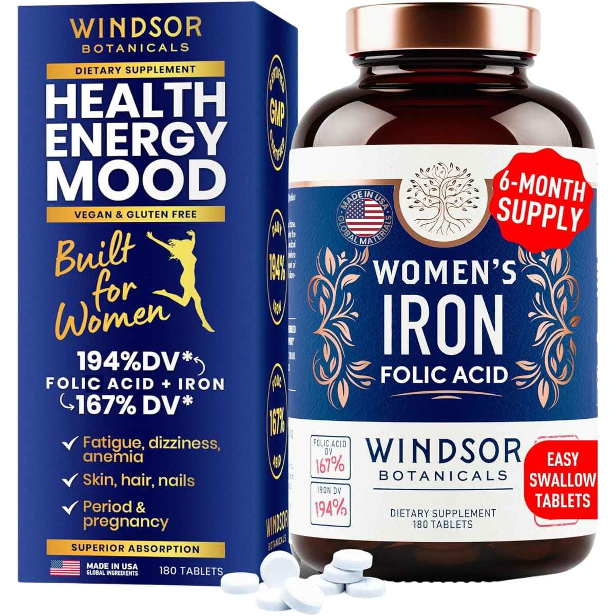 Frasco de suplemento Windsor Botanicals Hierro para Mujer 180 tabletas