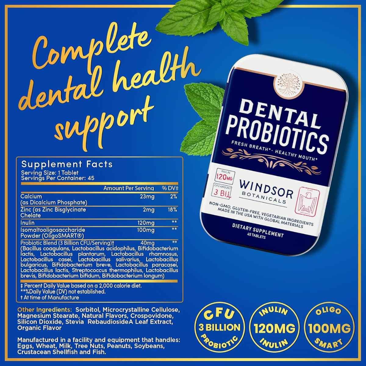 Tabla nutricional del suplemento Windsor Botanicals Probióticos Dentales 45 Tabletas Masticables