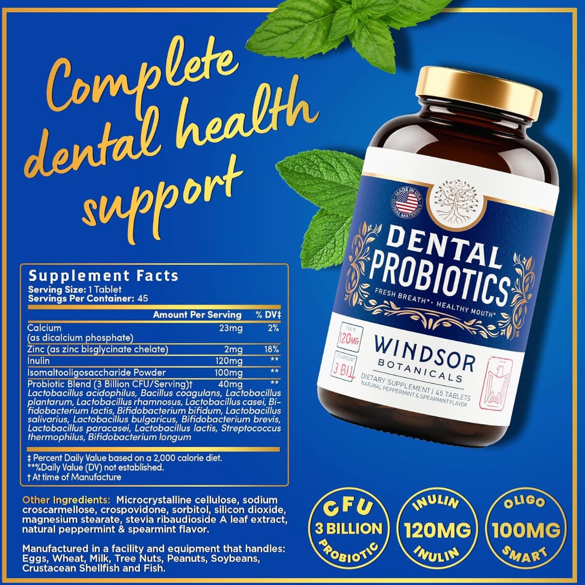 Tabla nutricional del suplemento Windsor Botanicals Probióticos Dentales 45 tabletas