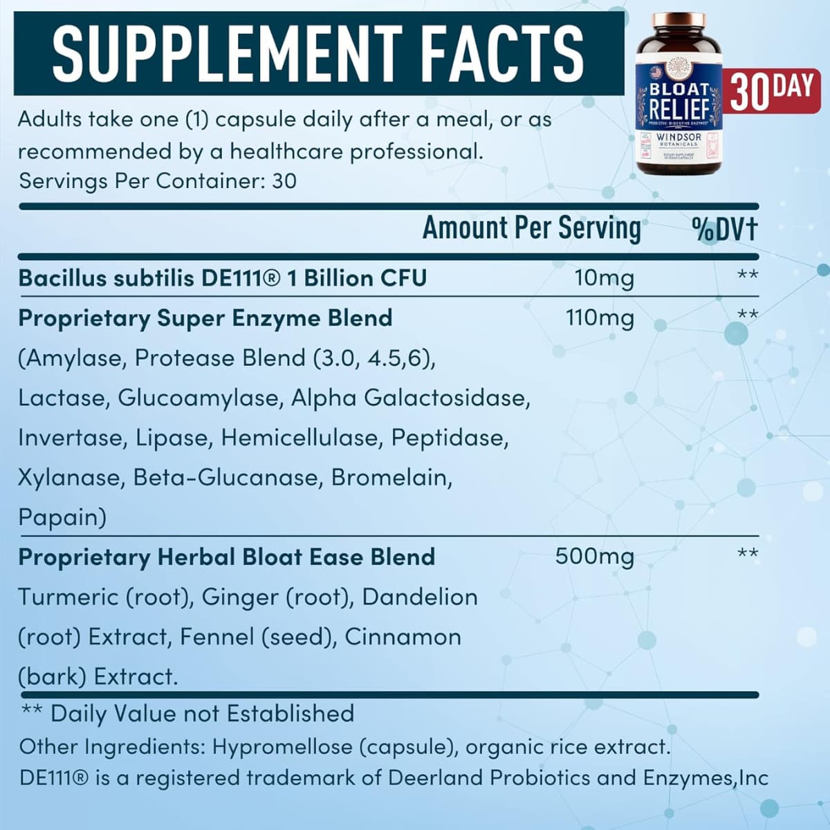 Tabla nutricional del suplemento Windsor Botanicals Probióticos y Enzimas Digestivas 30 cápsulas veganas