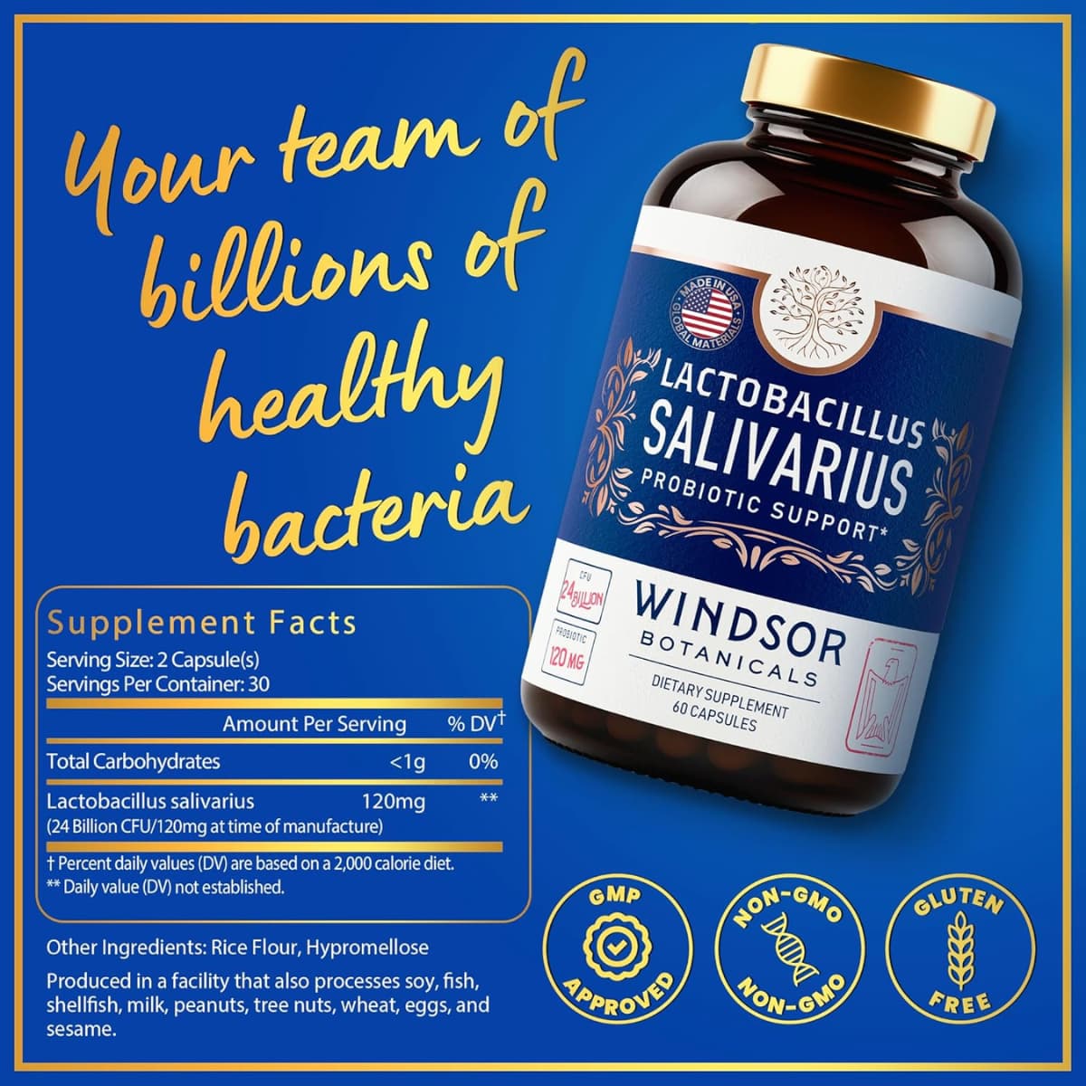 Tabla nutricional del suplemento Windsor Lactobacillus Salivarius 24 B CFU 60 cápsulas