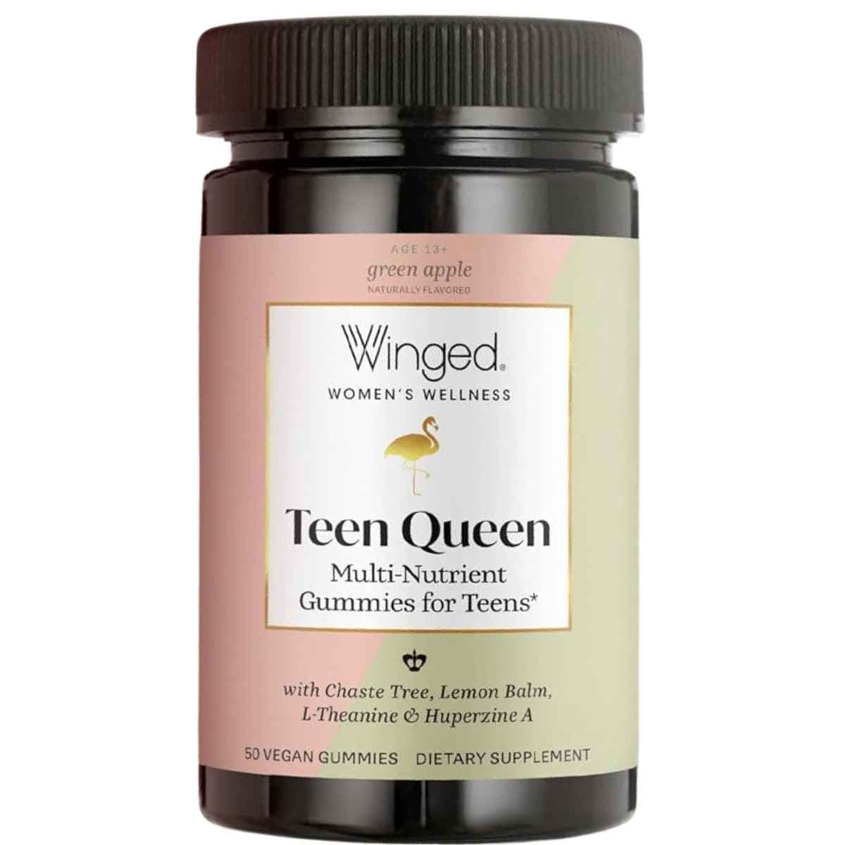 Frasco de suplemento Winged Wellness Teen Queen Gomitas Manzana Verde 50 Gomitas Veganas