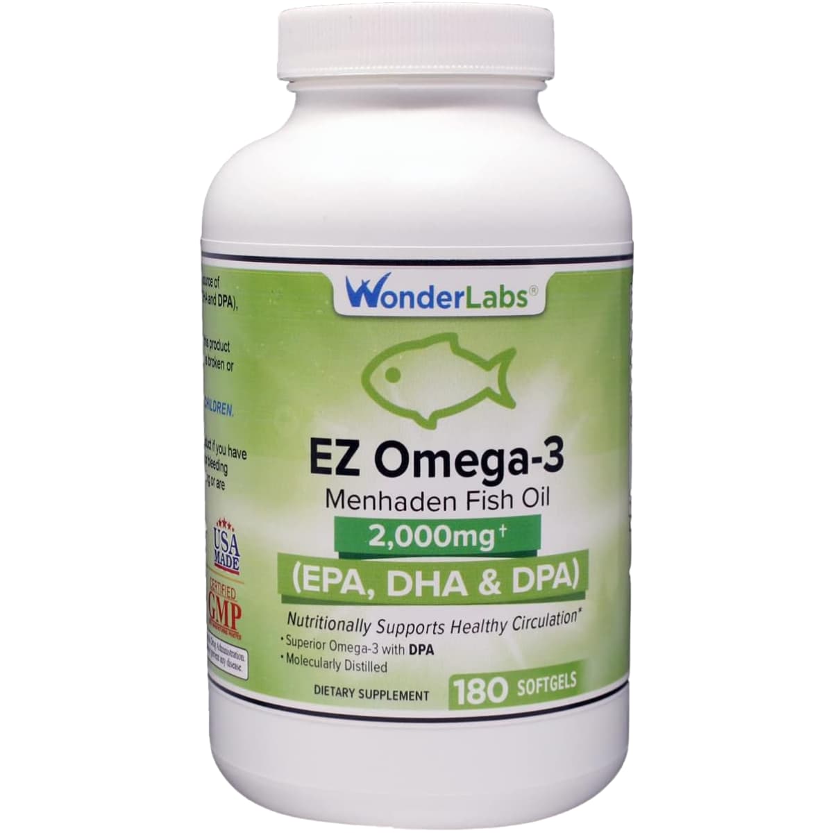 Frasco de suplemento WonderLabs EZ Omega-3 Aceite de Pescado Menhaden 180 cápsulas blandas