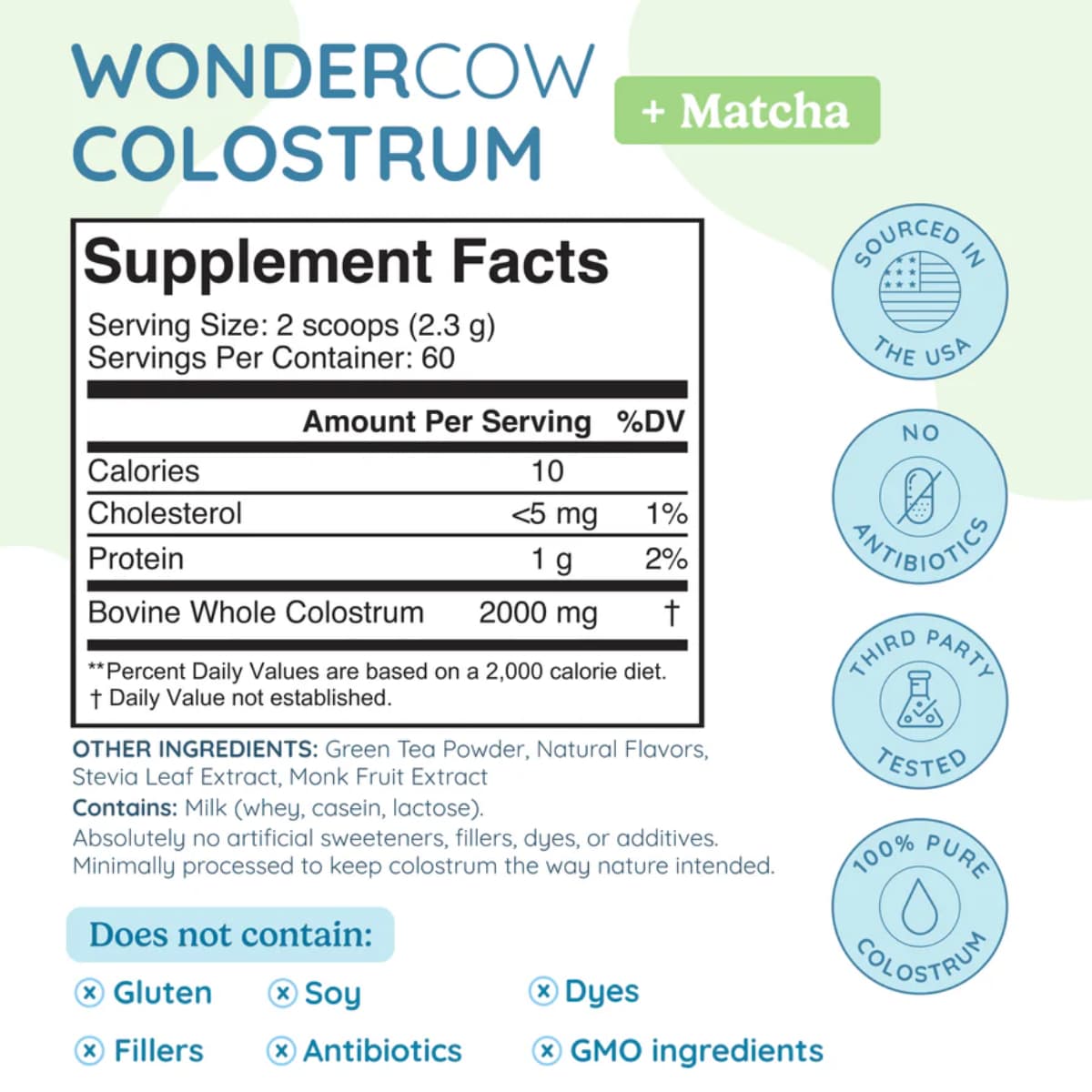 Tabla nutricional del suplemento WonderCow Calostro Bovino Matcha 140 g polvo