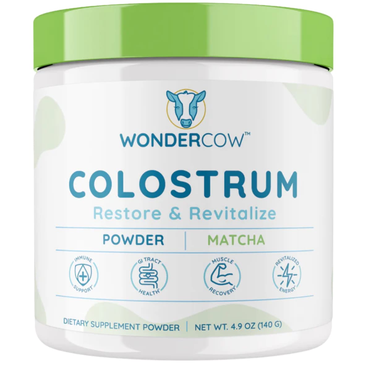 Frasco de suplemento WonderCow Calostro Bovino Matcha 140 g polvo