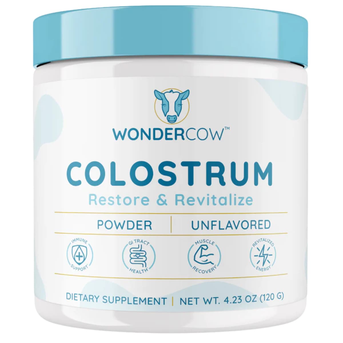 Frasco de suplemento WonderCow Calostro Bovino Sin Sabor 120 g polvo