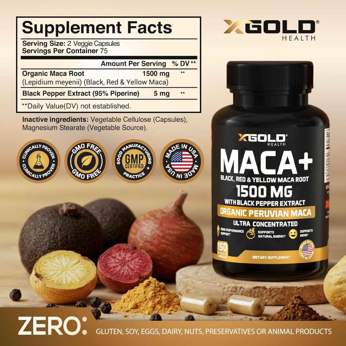 Tabla nutricional del suplemento X Gold Health Maca Peruana Orgánica 150 cápsulas