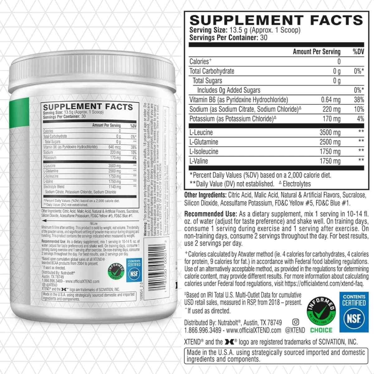 Tabla nutricional del suplemento Xtend Original 7G BCAA Lima Limón 30 servicios