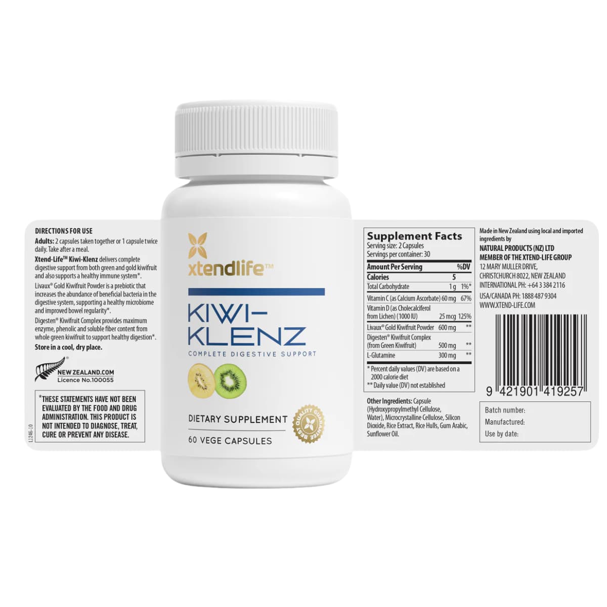 Tabla nutricional del suplemento XtendLife Kiwi-Klenz Complejo de Kiwi, Prebióticos y L-Glutamina 60 cápsulas