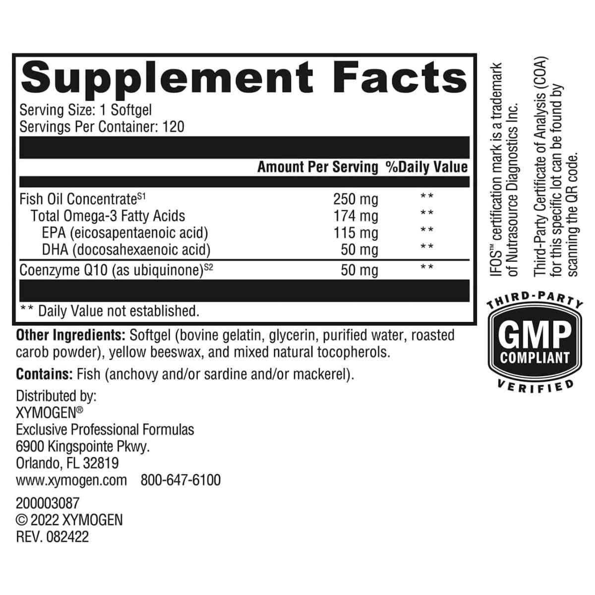 Información del suplemento de XYMOGEN CoQmax Omega 50 mg, 120 cápsulas blandas