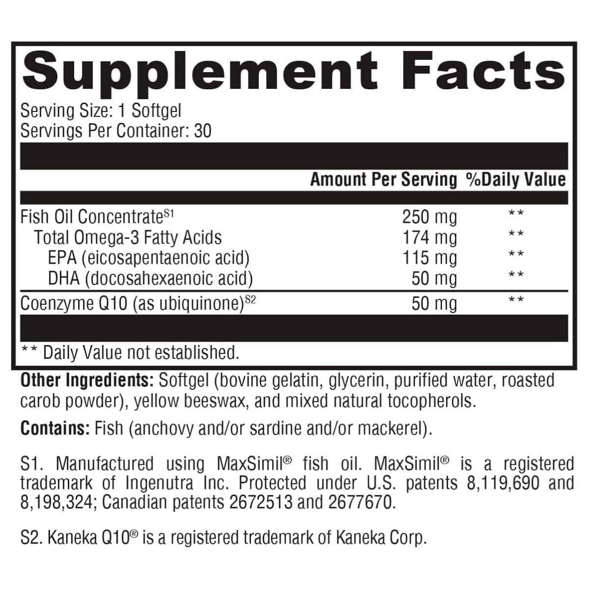 Información del suplemento de XYMOGEN CoQmax Omega 50 mg, 30 cápsulas blandas