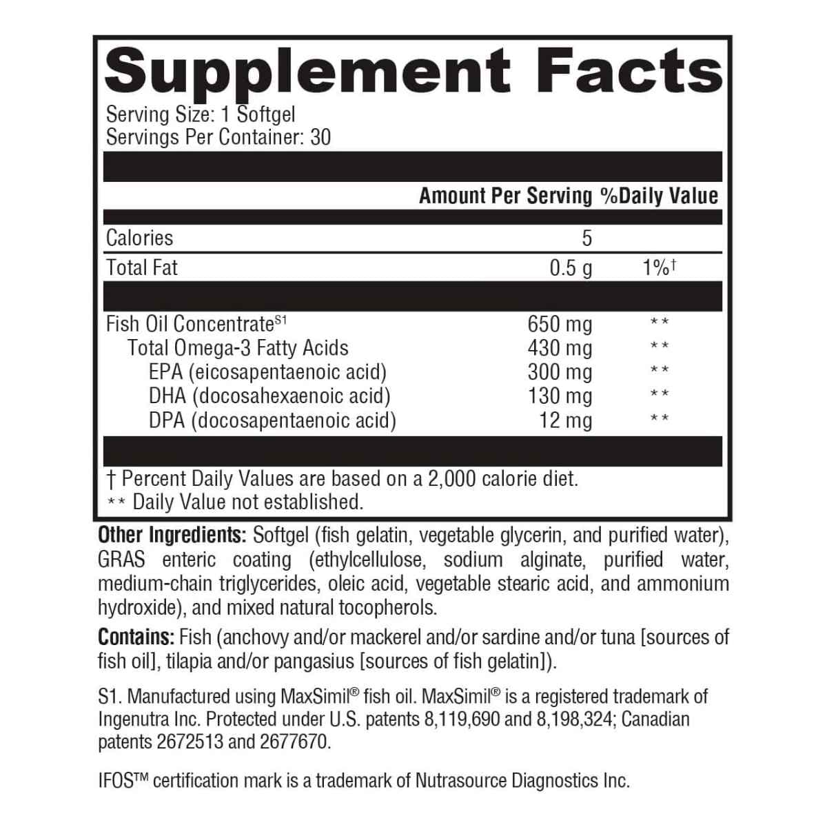 Información del suplemento de XYMOGEN Omega 3 BasiX 430 mg, 30 cápsulas blandas