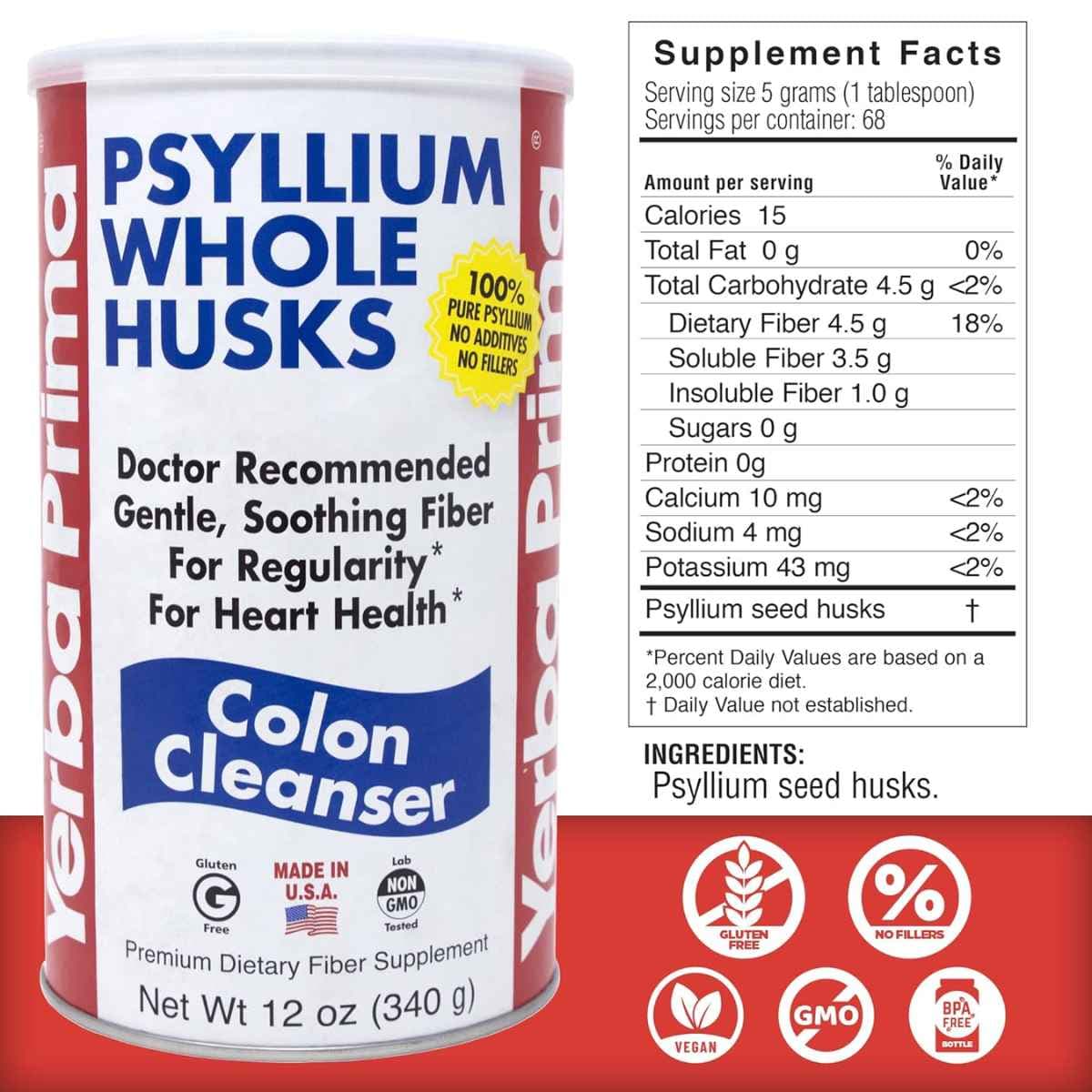 Tabla nutricional del suplemento Yerba Prima Cáscaras de Psyllium Enteras 12 oz