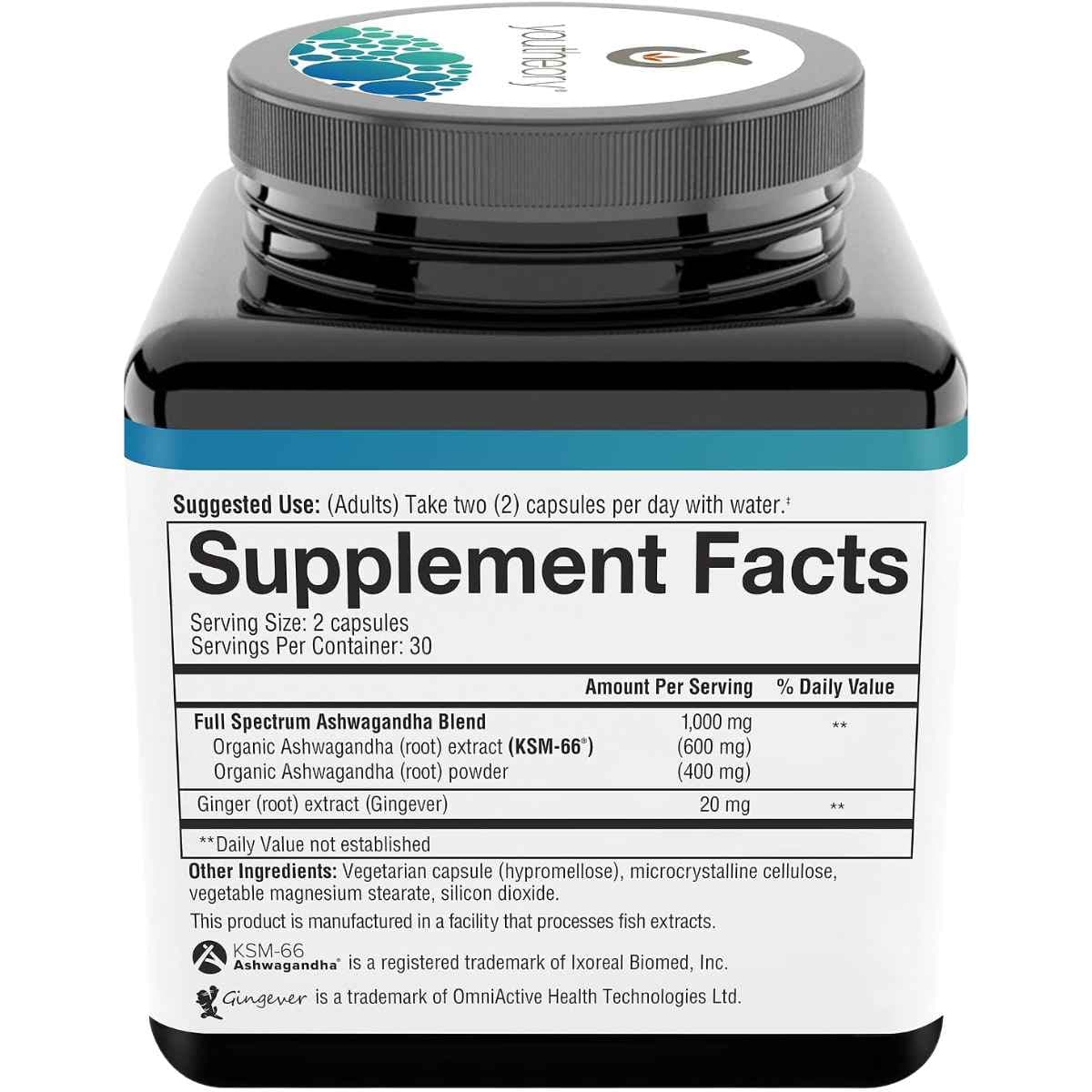 Información del suplemento de Youtheory ashwagandha de 60 cápsulas