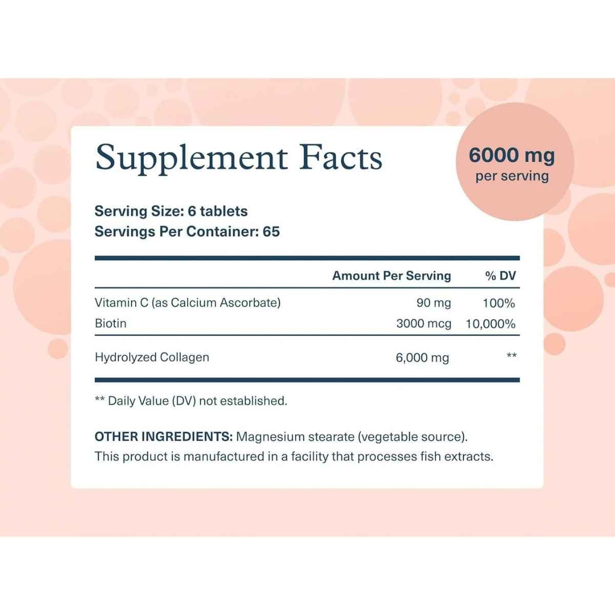 Información del suplemento Youtheory Colágeno con Biotina: 6000 mg de colágeno hidrolizado por porción