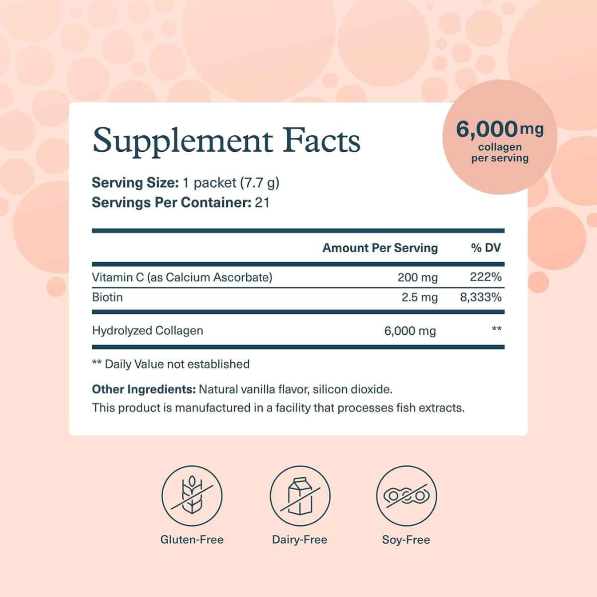 Tabla nutricional del suplemento Youtheory Colágeno en Polvo con Vainilla 21 paquetes
