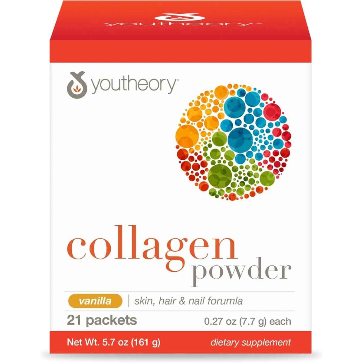 Frasco de suplemento Youtheory Colágeno en Polvo con Vainilla 21 paquetes