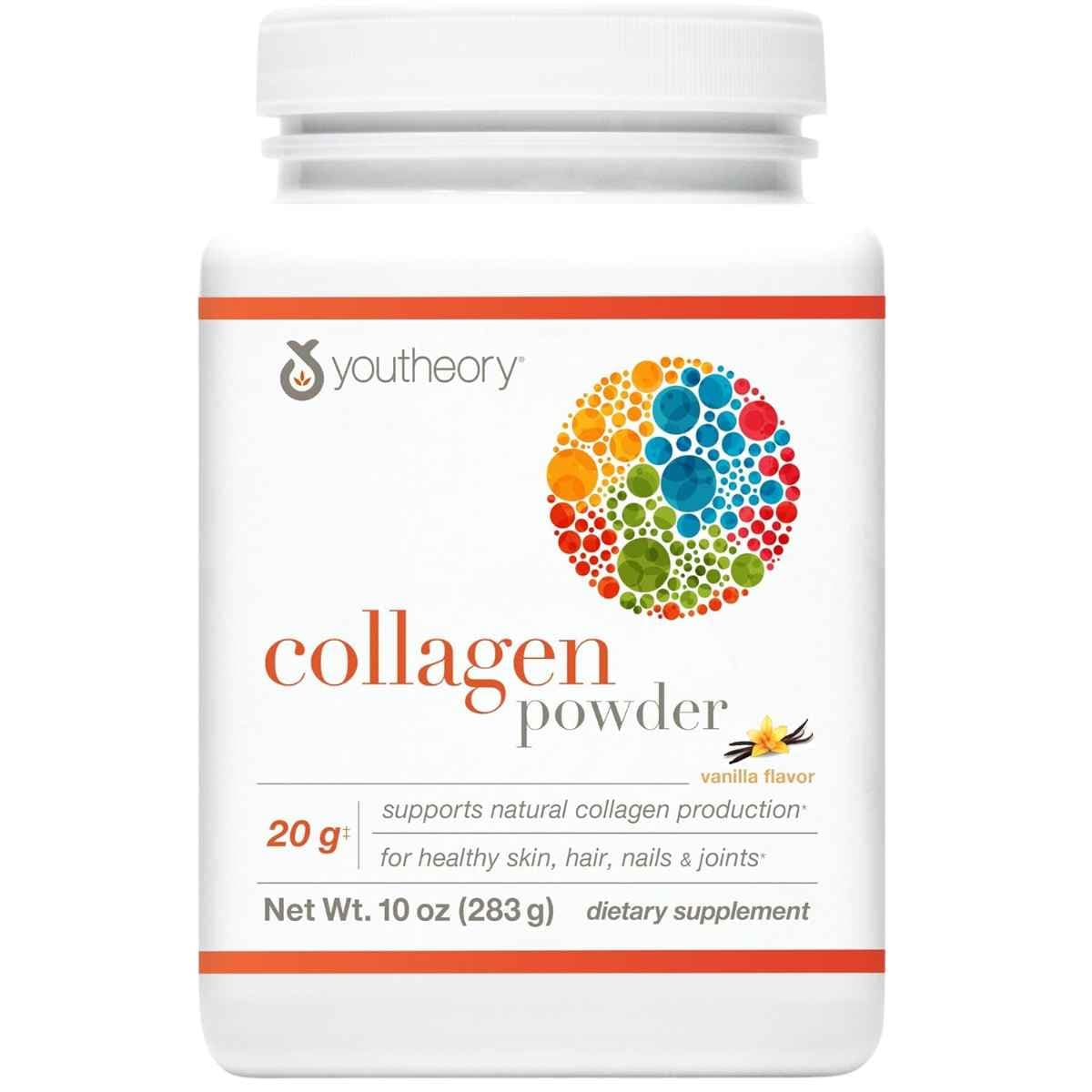 Frasco de suplemento Youtheory Colágeno Hidrolizado Vainilla 10 oz en polvo