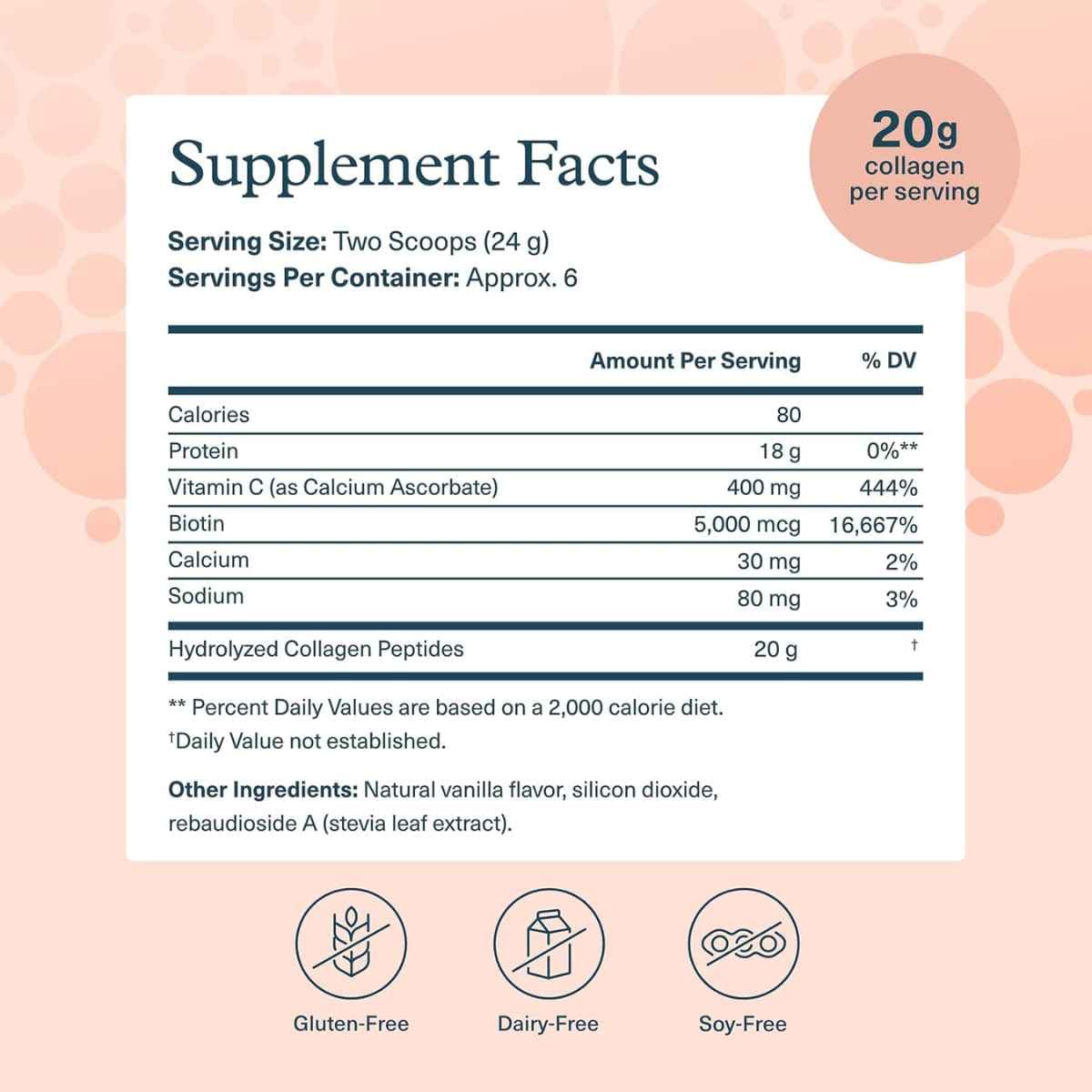 Tabla nutricional del suplemento Youtheory Colágeno Hidrolizado Vainilla 4.7 oz en polvo