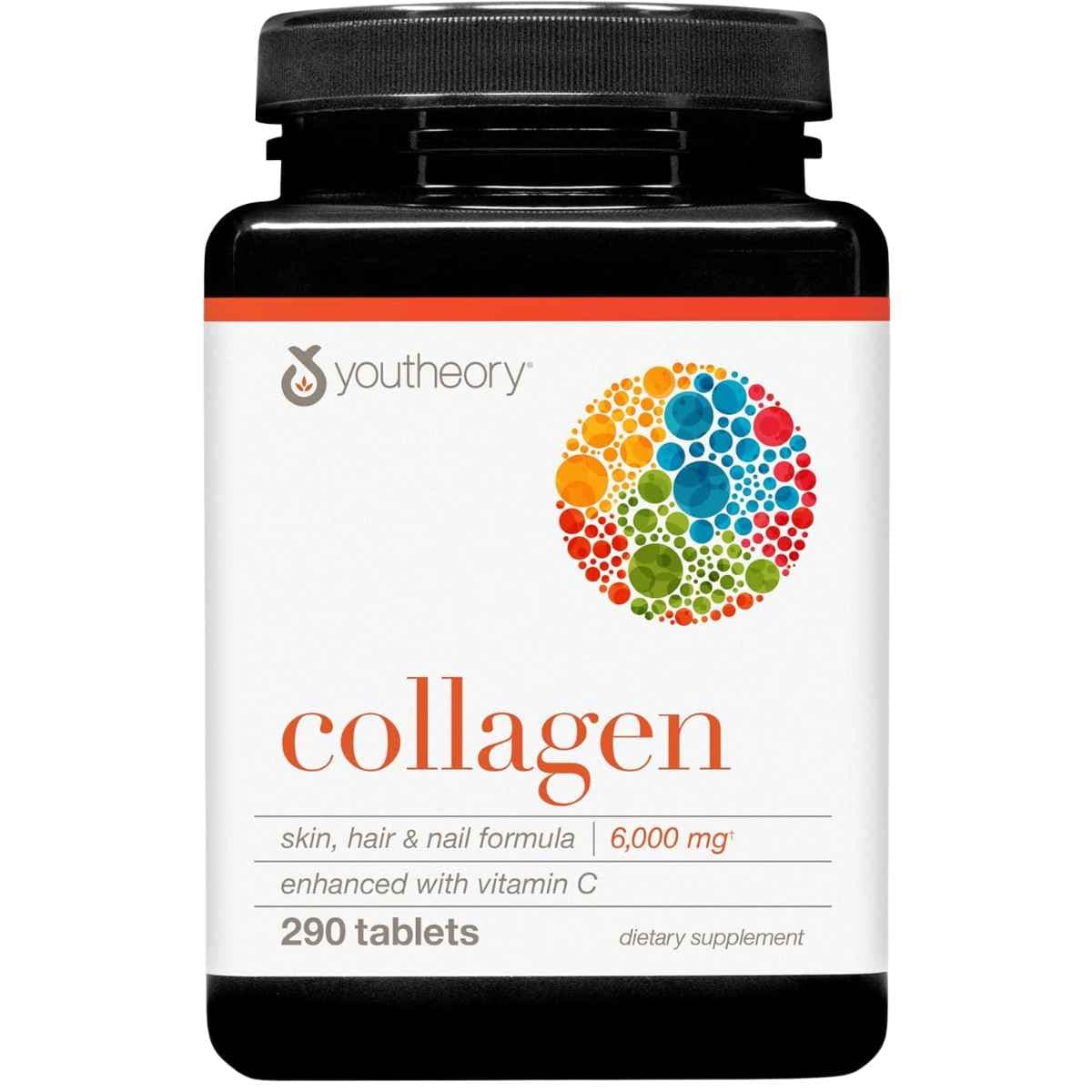 Frasco de suplemento Youtheory Colágeno Hidrolizado y Vitamina C 290 tabletas