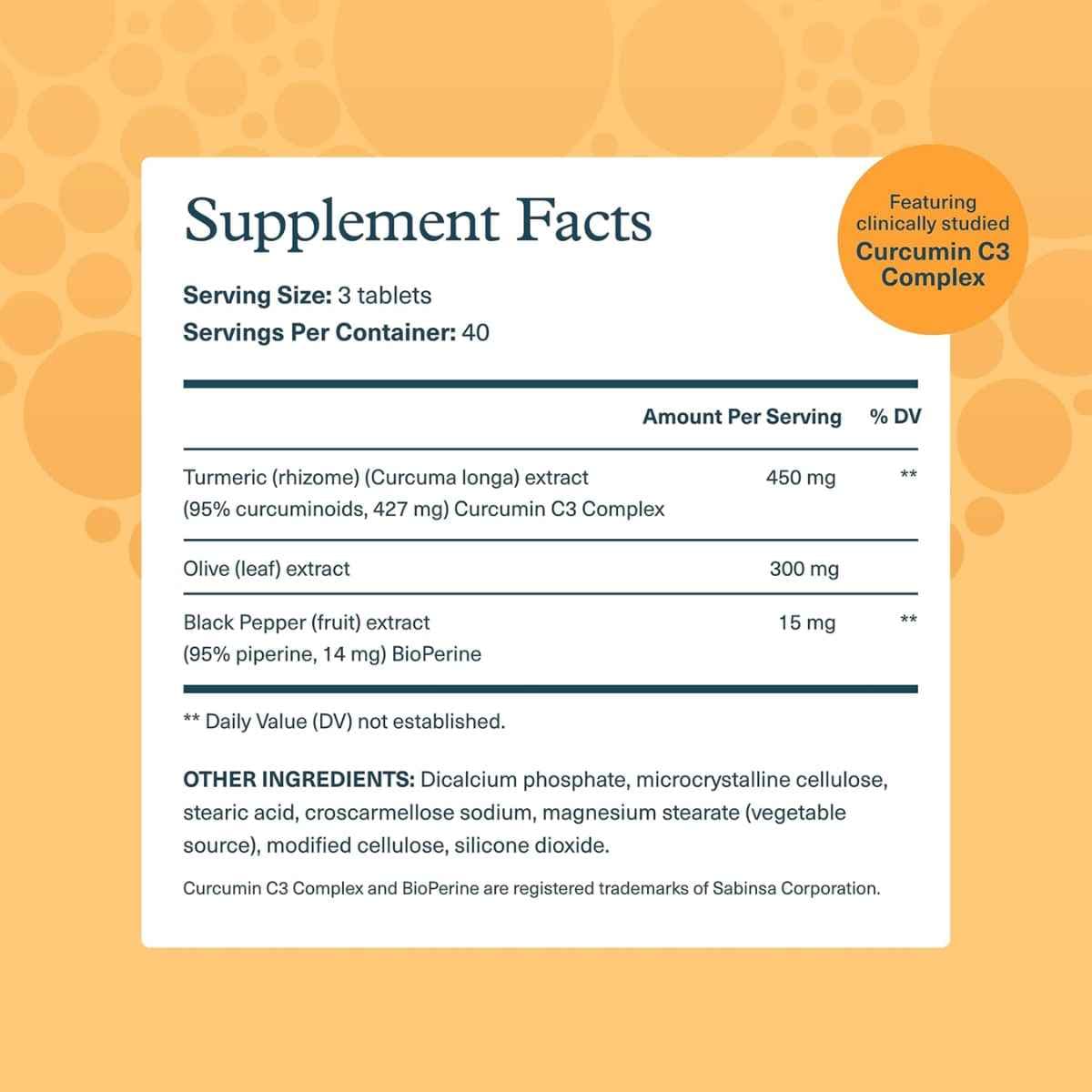 Tabla nutricional del suplemento Youtheory Cúrcuma 120 tabletas