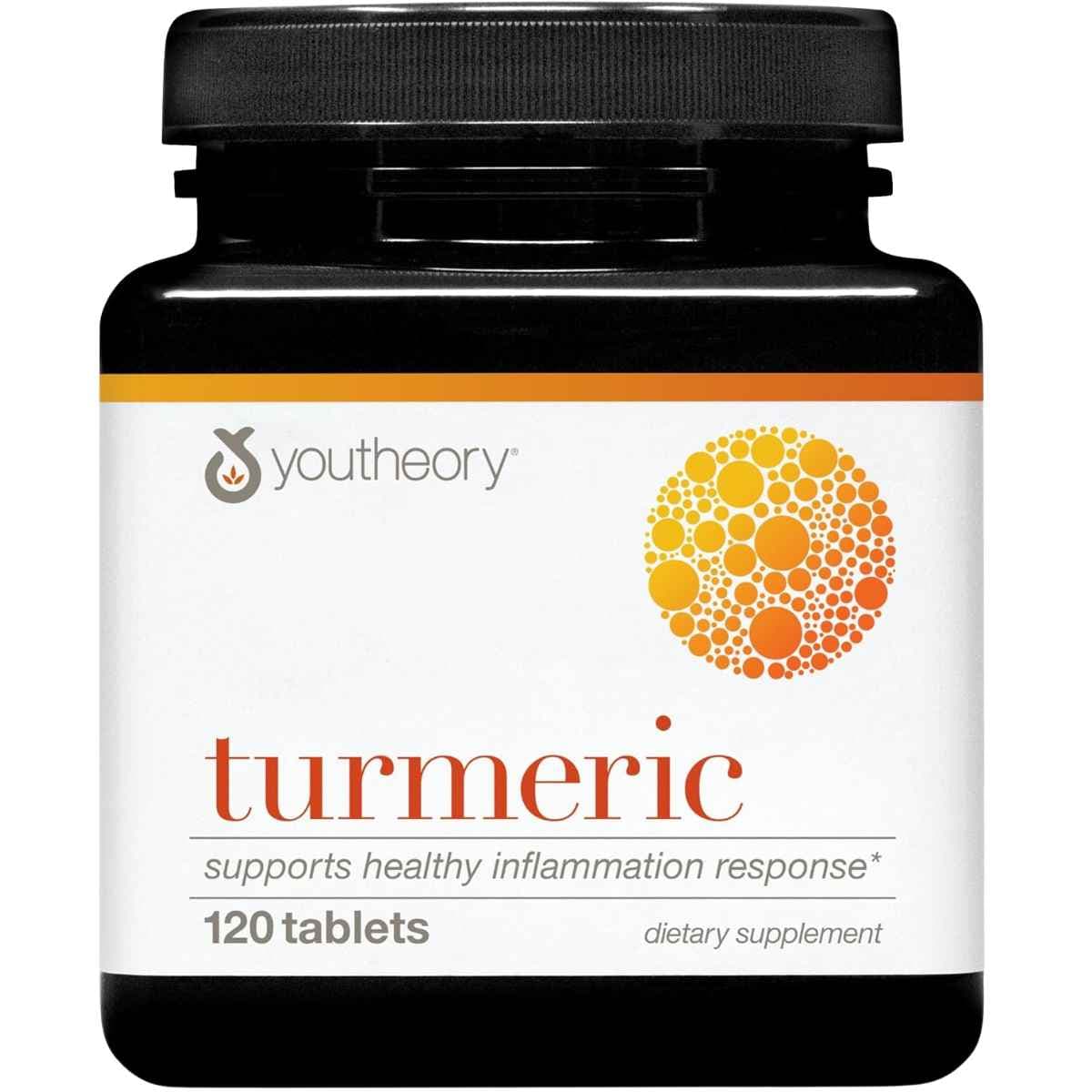 Frasco de suplemento Youtheory Cúrcuma 120 tabletas