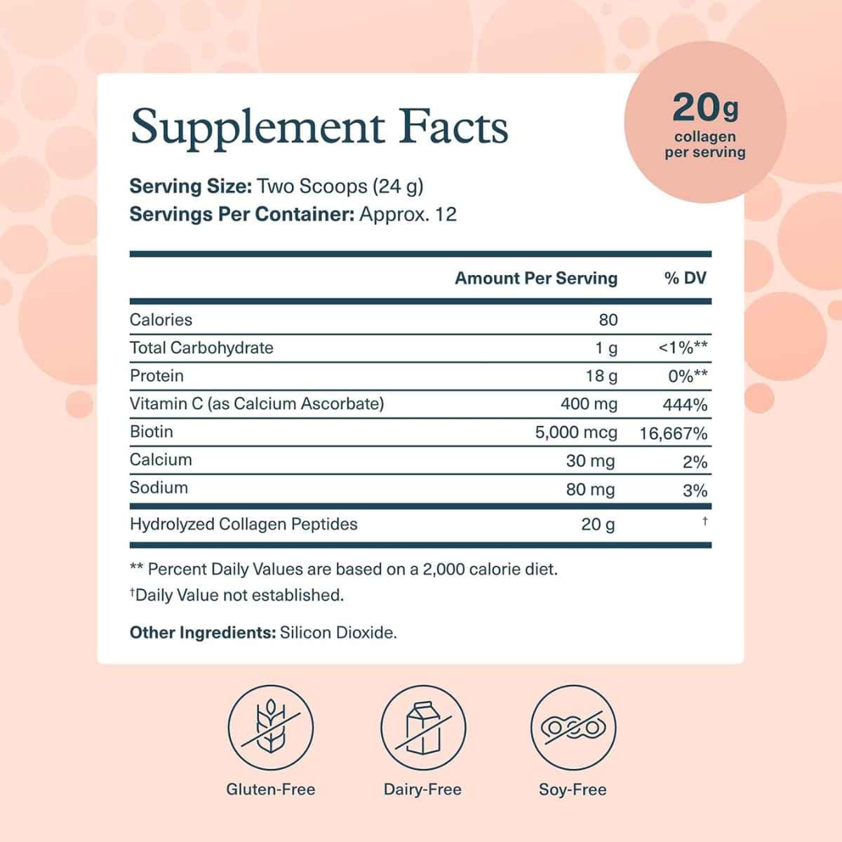 Tabla nutricional del suplemento Youtheory Péptidos de Colágeno Hidrolizado de 10 oz