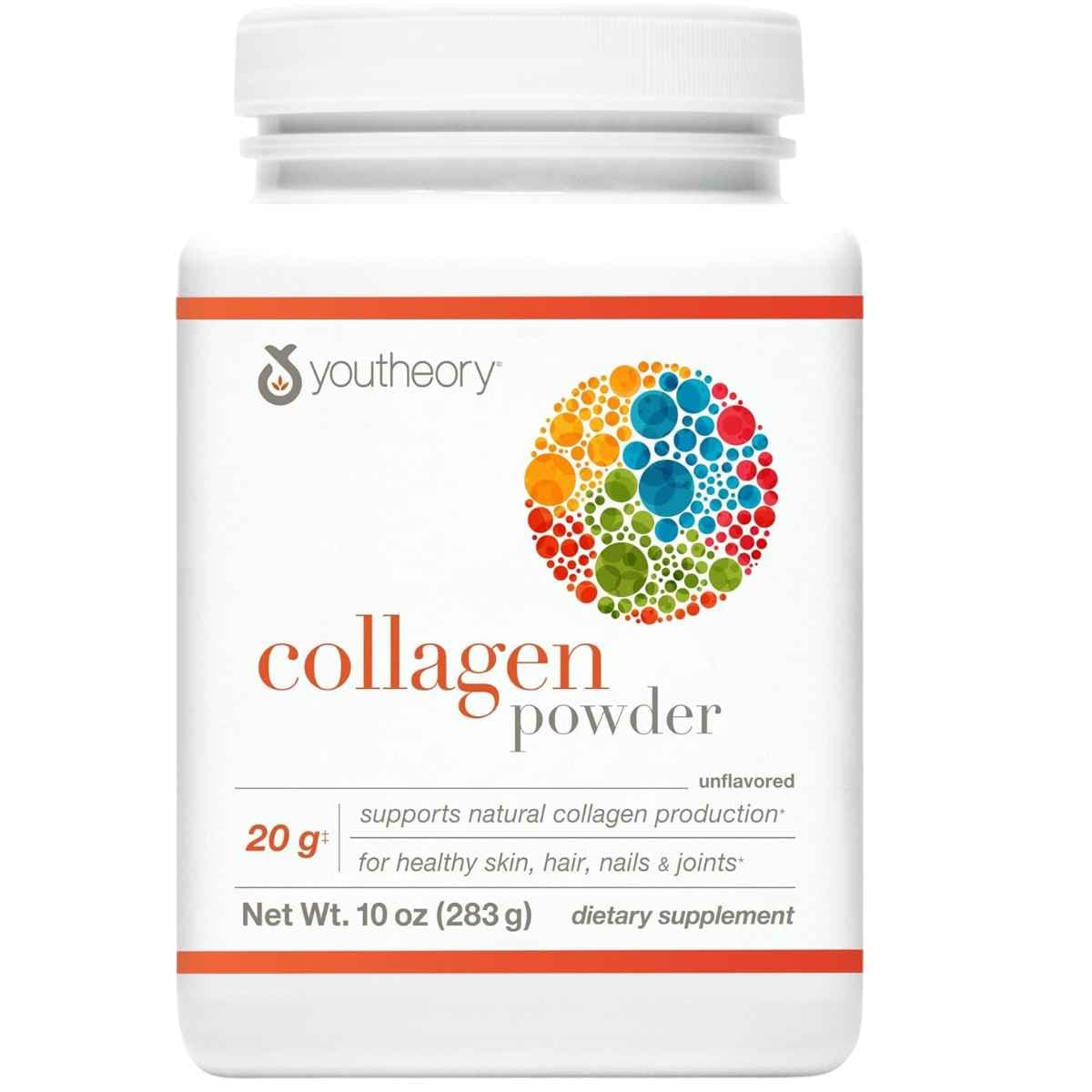 Frasco de suplemento Youtheory Péptidos de Colágeno Hidrolizado Sin Sabor en polvo de 10 oz