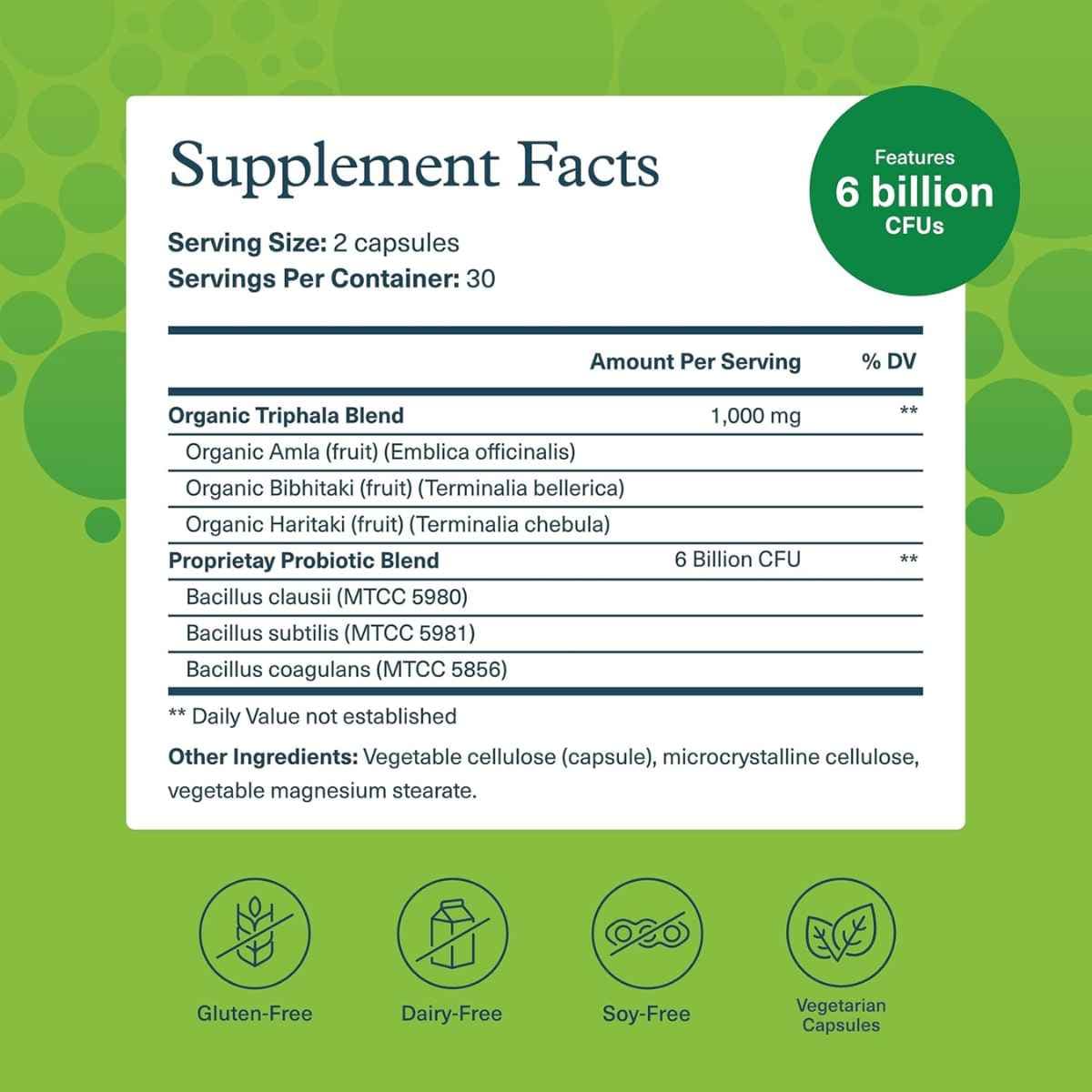 Tabla nutricional del suplemento Youtheory Probiótico de Esporas + Mezcla Triphala 60 cápsulas vegetarianas
