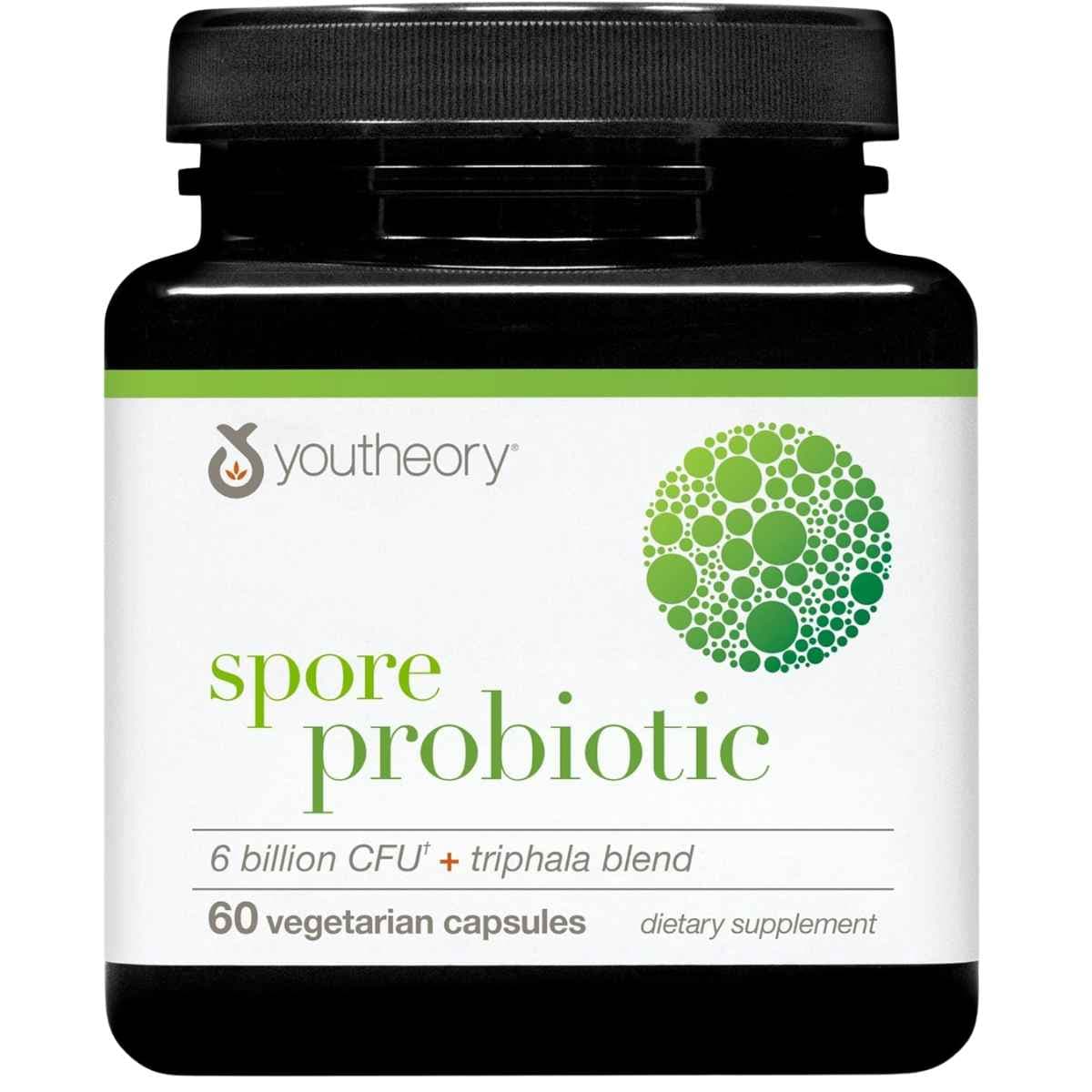 Frasco de suplemento Youtheory Probiótico de Esporas + Mezcla Triphala 60 cápsulas vegetarianas
