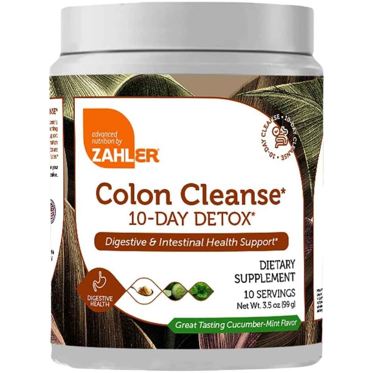 Frasco de suplemento Zahler Colon Cleanse Sabor Pepino-Menta 10 dosis 99 g polvo