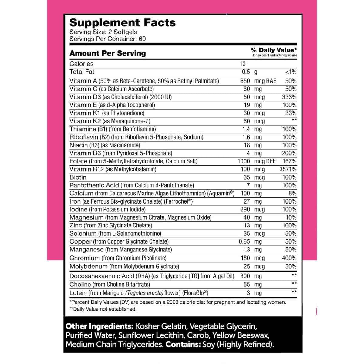 Tabla nutricional Zahler Prenatal + DHA 300 - 120 cápsulas blandas