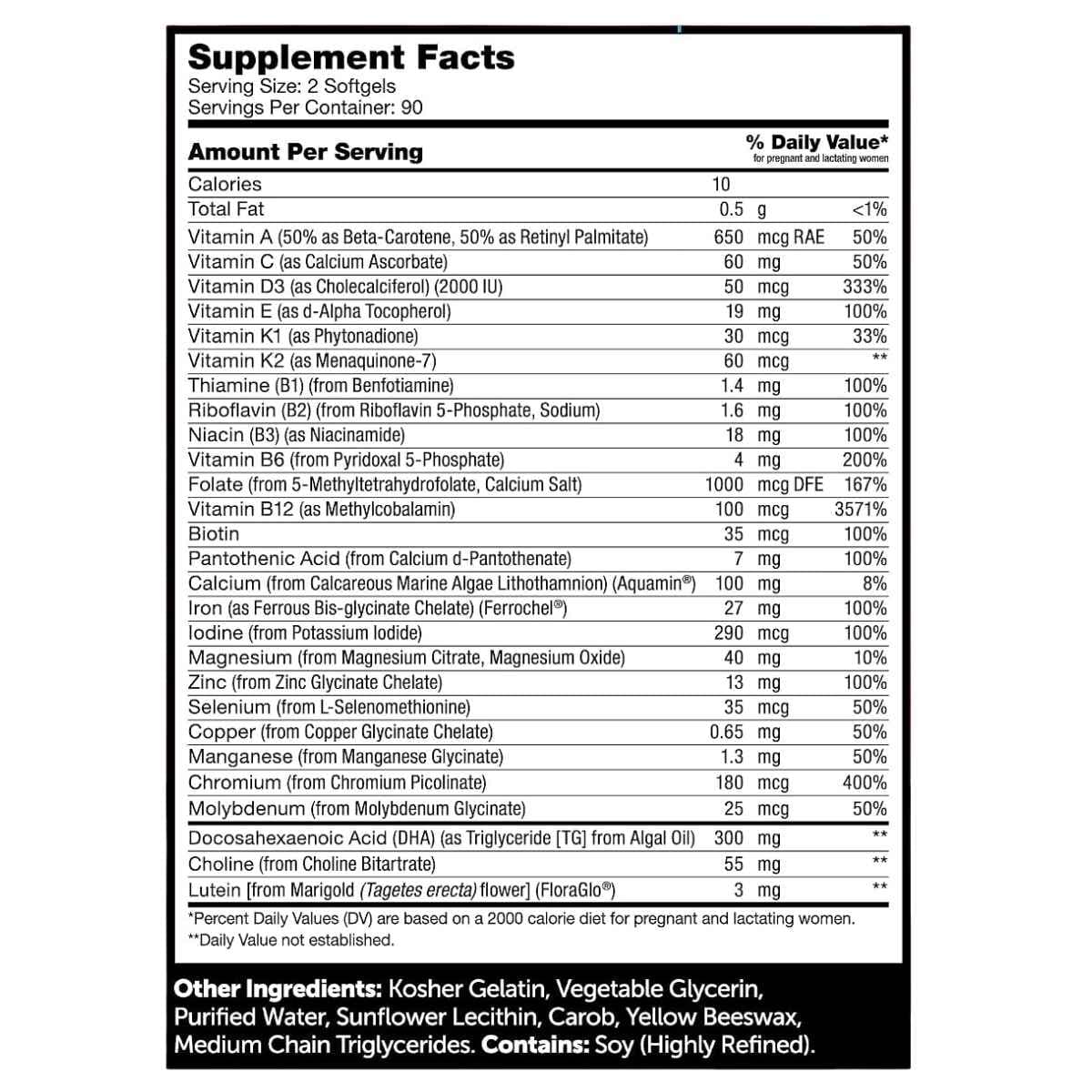Tabla nutricional Zahler Prenatal + DHA 300 - 180 cápsulas blandas