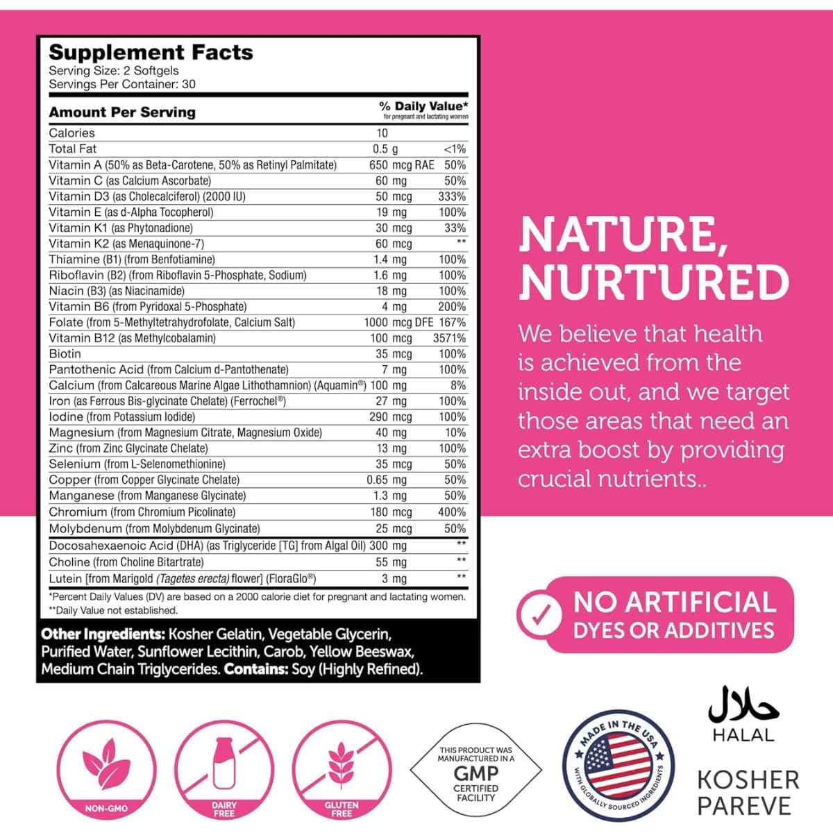 Tabla nutricional del suplemento ZAHLER Prenatal con DHA y Folato Metilado 60 cápsulas blandas