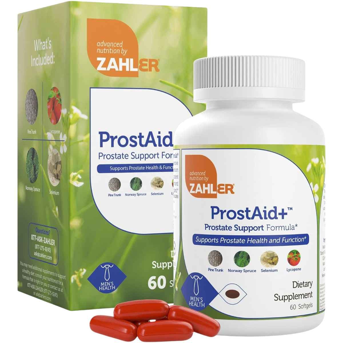 Frasco de suplemento Zahler ProstAid+ Fórmula de Soporte Prostático 60 cápsulas blandas
