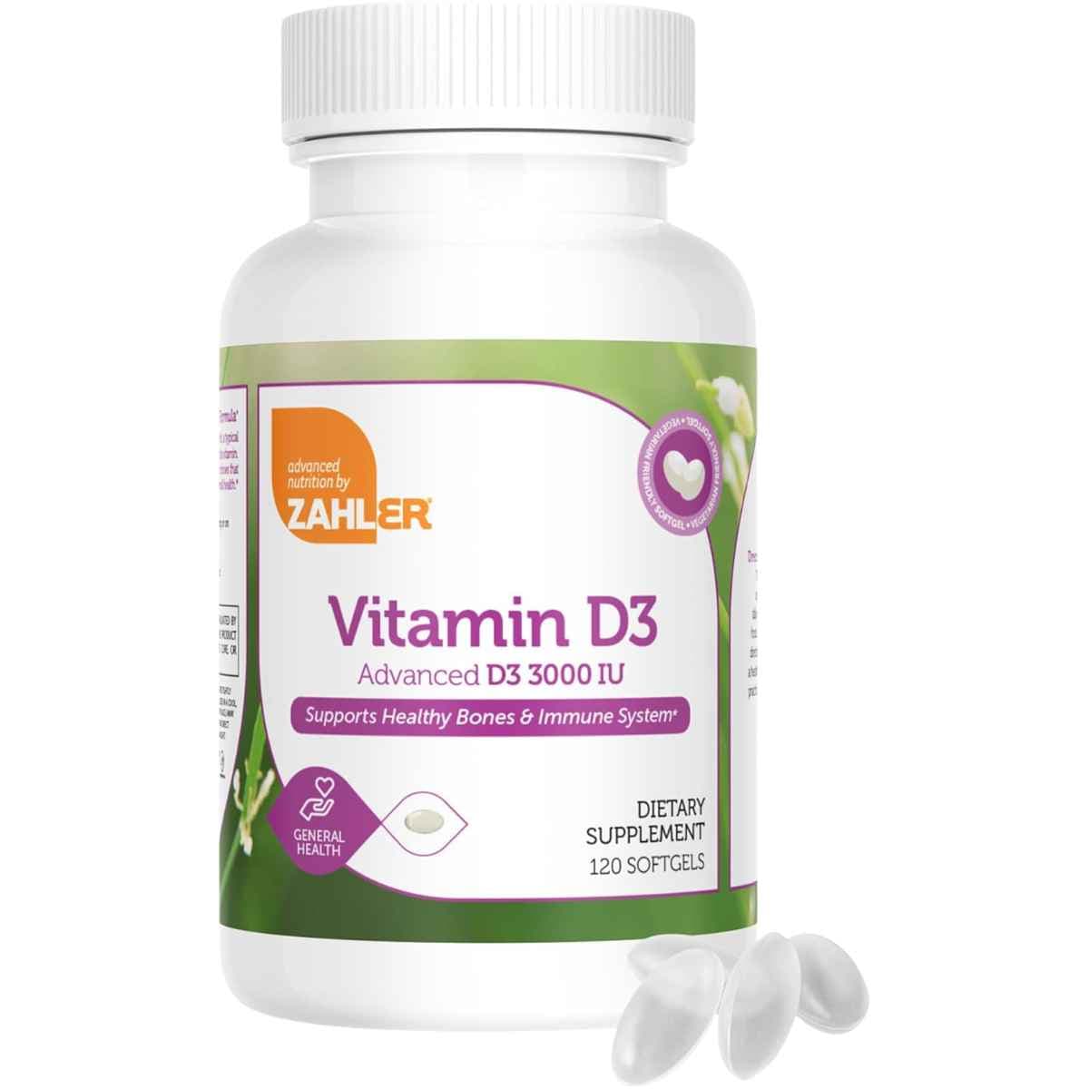 Frasco de suplemento Zahler Vitamina D3 Avanzada 3000 UI 120 cápsulas blandas