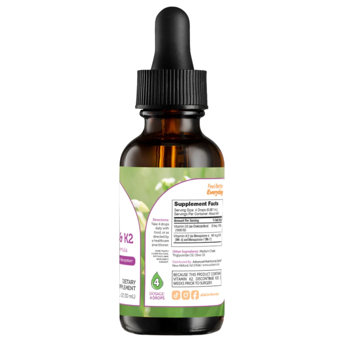 Tabla nutricional del suplemento Zahler Vitamina D3 y K2 en Gotas 30 ml