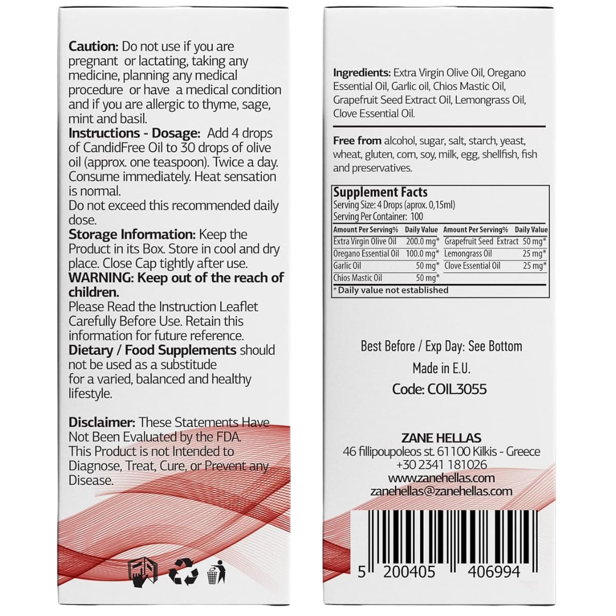 Tabla nutricional del suplemento Zane Hellas CandidFree Aceite de Orégano 15 ml líquido
