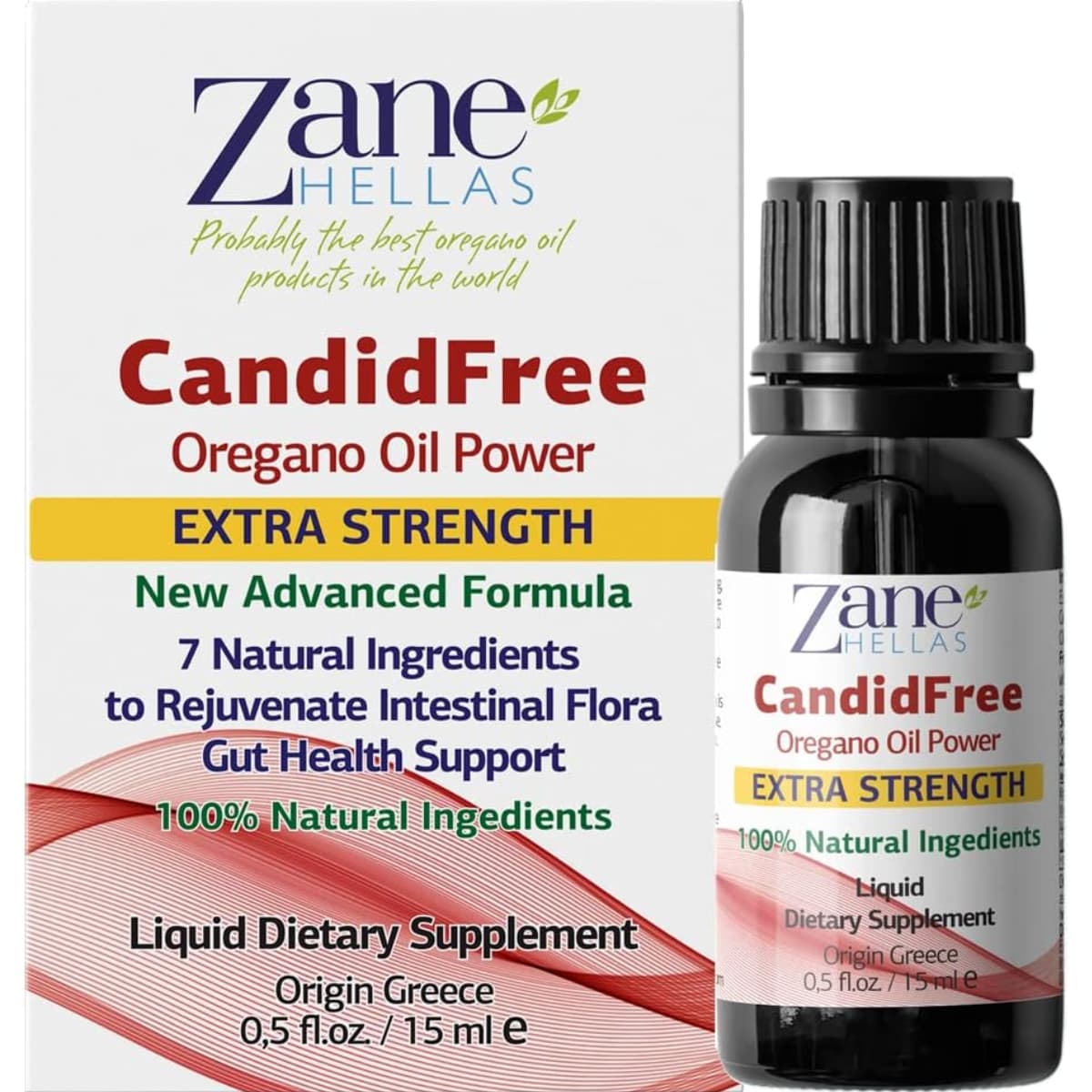 Frasco de suplemento Zane Hellas CandidFree Aceite de Orégano 15 ml líquido