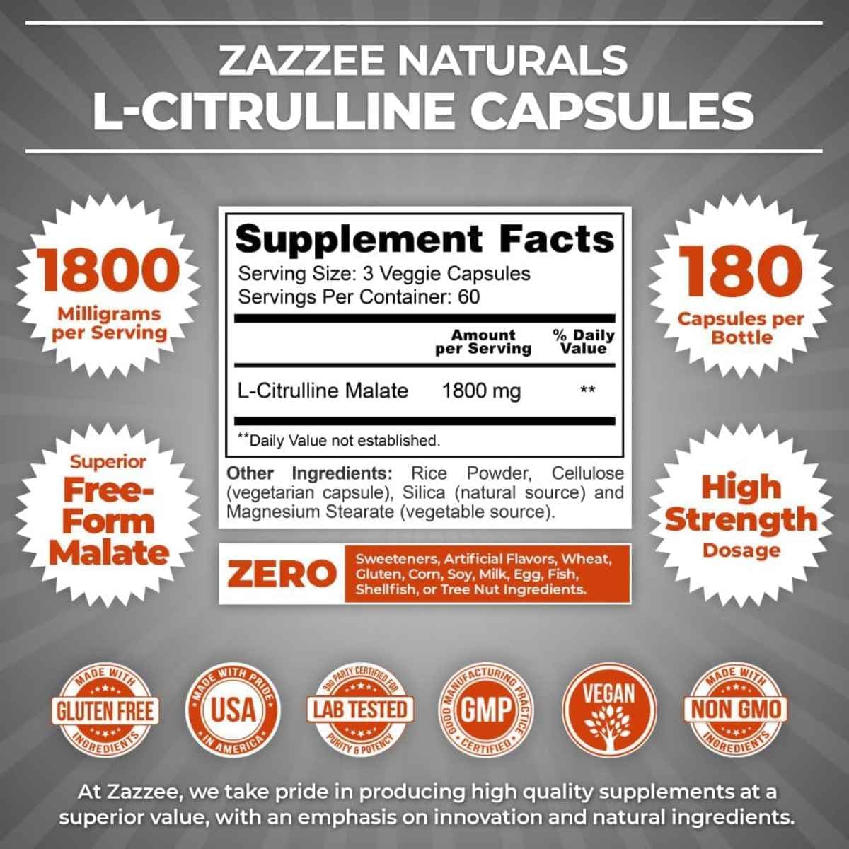 Tabla nutricional del suplemento Zazzee L-Citrulina Malato 1800 mg 180 cápsulas veganas