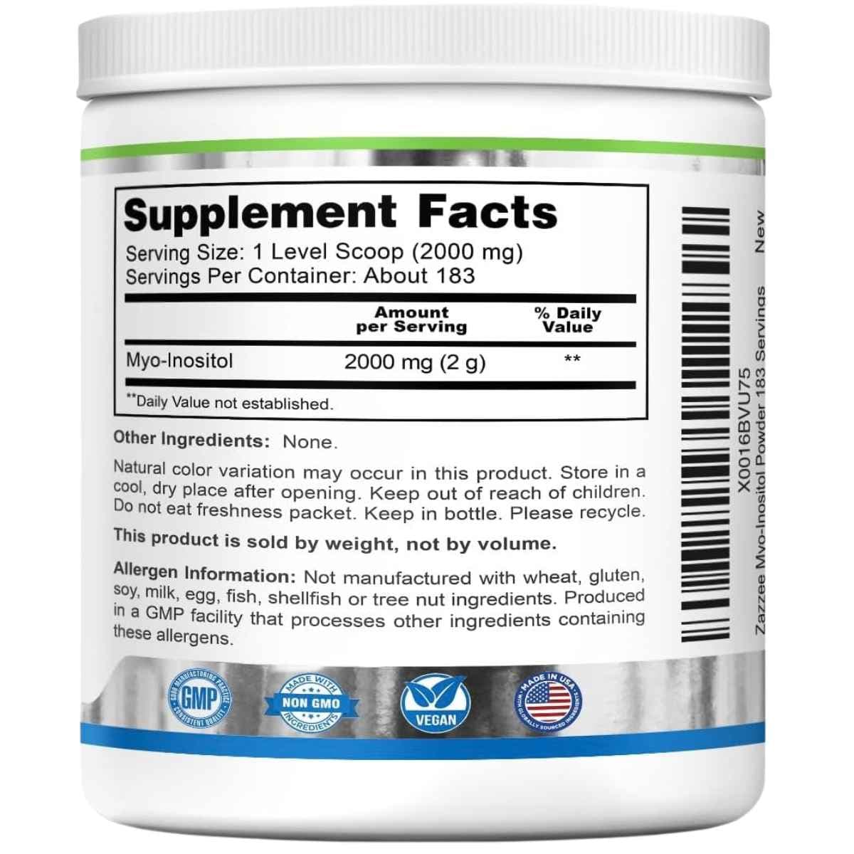 Tabla Supplement Facts Zazzee Myo-Inositol en polvo 366 g