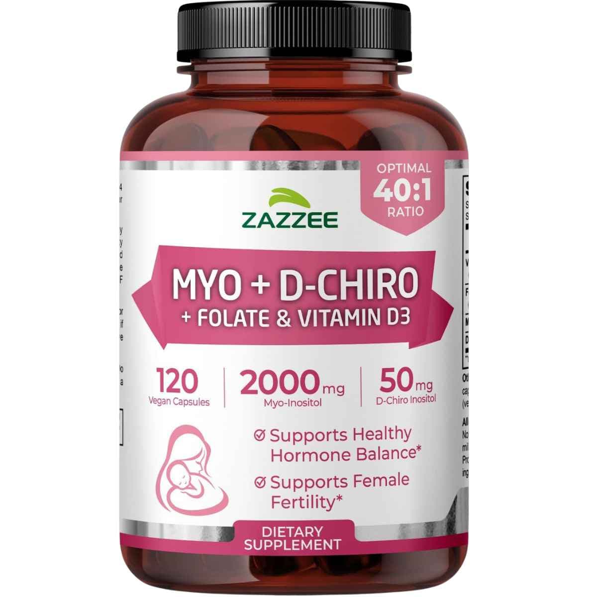 Frasco frontal de Zazzee myo-inositol y D-chiro con folato y vitamina D3, presentación de 120 cápsulas.