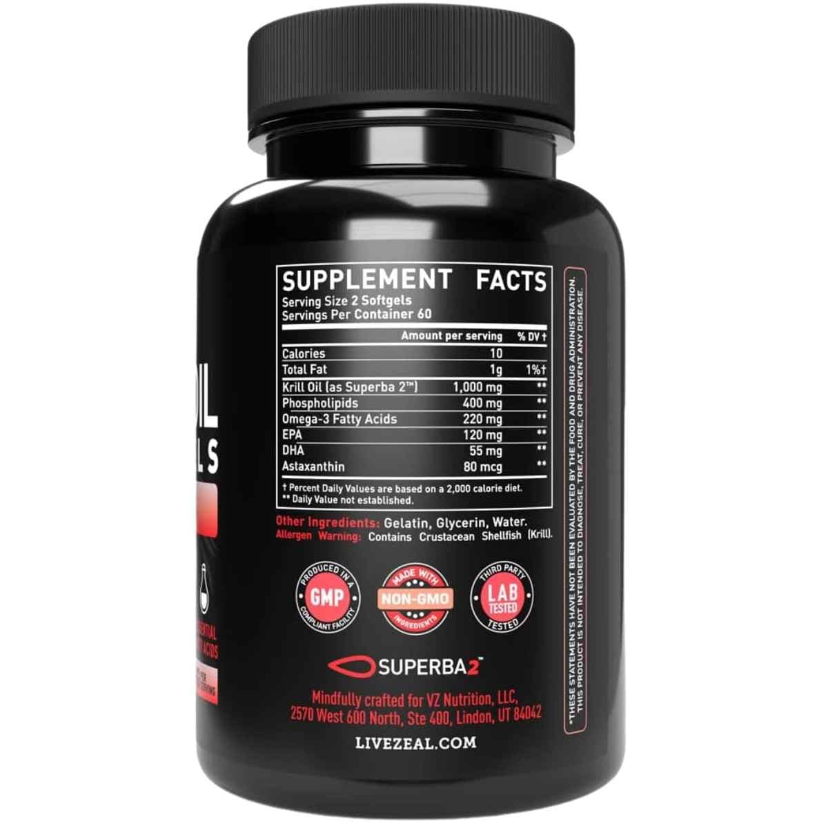 Tabla nutricional del suplemento Zeal Naturals Aceite de Krill Antártico 120 cápsulas